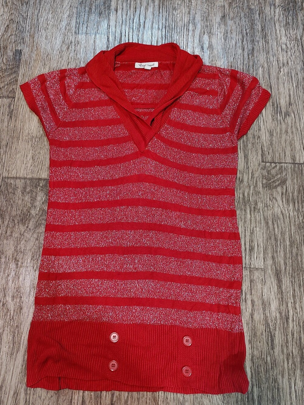 Extra Touch Red Striped Sparkle Short Sleeve Knit Top with Collar Size 1X